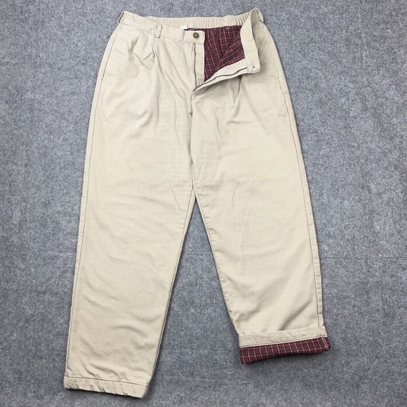 LL Bean Pants Mens 38x32 Tan Khaki Flannel Lined Double L Comfort Waist Chino - Picture 1 of 11